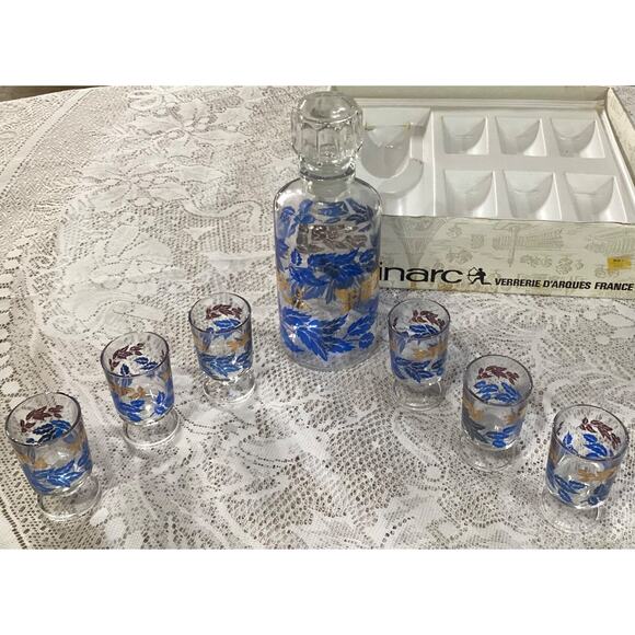 MCM Luminarc France Blue Gold Leaves Decanter 6 Footed Liqueur Aperitif Glasses - Picture 4 of 9
